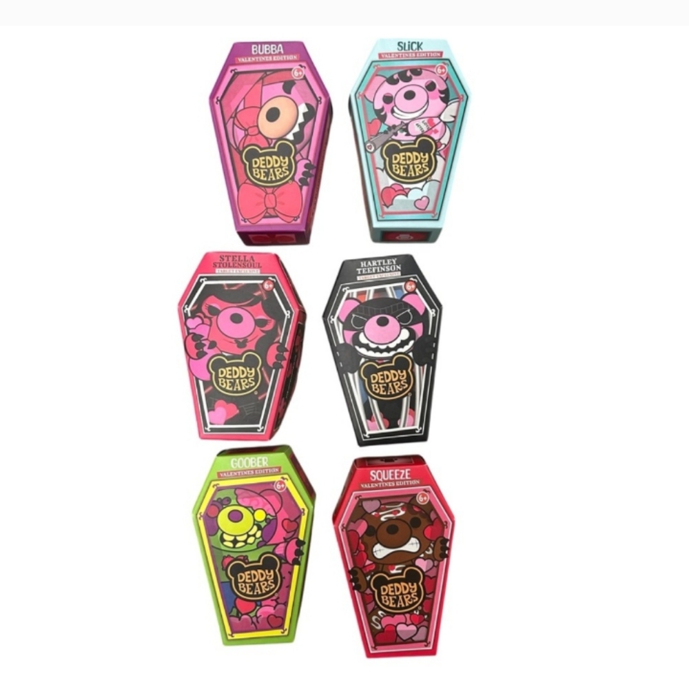 5" Deddy Bears In Coffin-Shaped Boxes ONE COMPLETE SET SIX (6) BEARS SLICK BUBBA